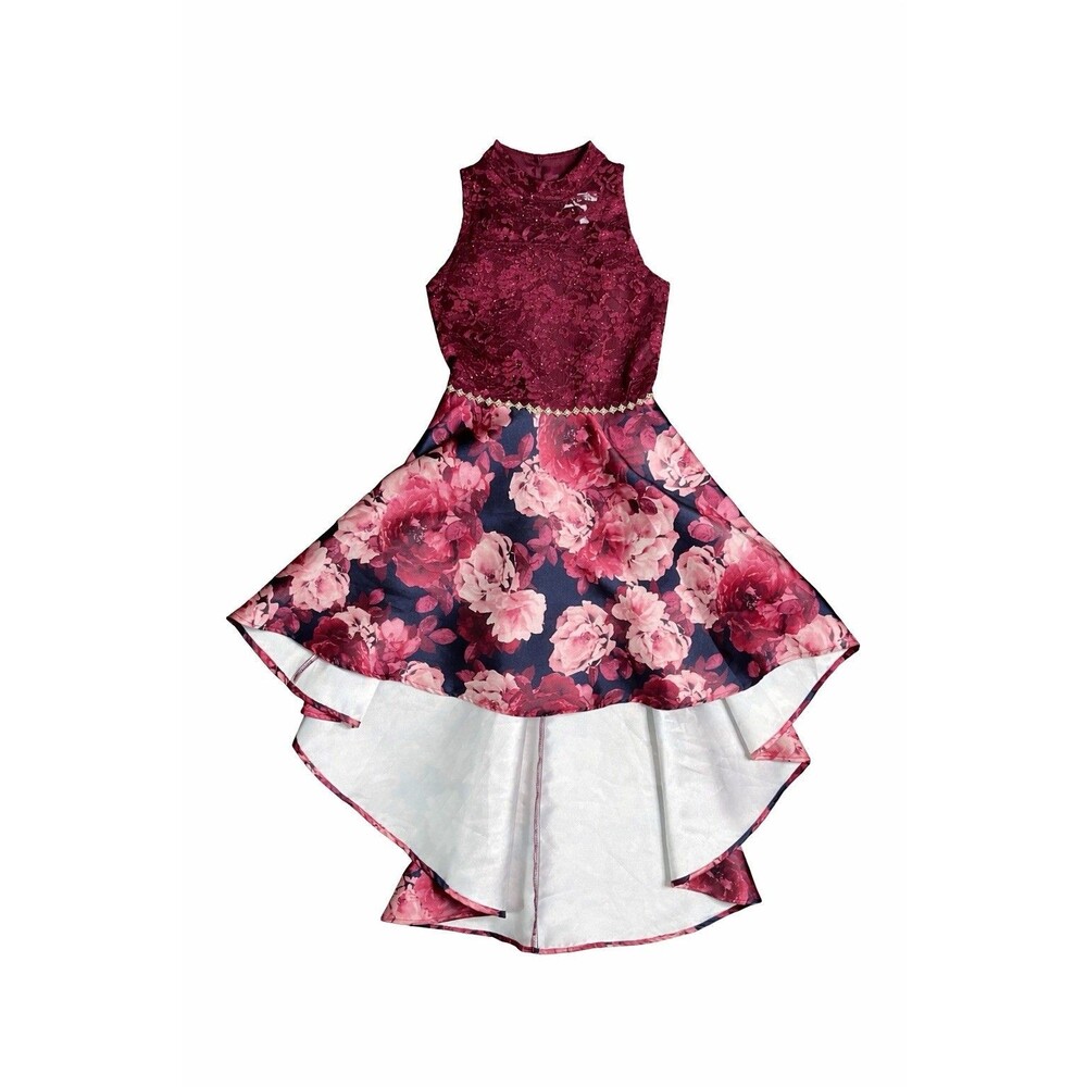 Speechless Girl's Burgundy Lace Floral Rhinestone Hi Low Dress Size 8 Never Worn